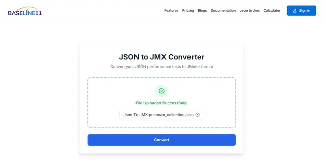 JSON to JMX Converter with a Postman collection file uploaded successfully