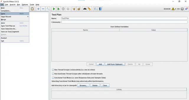 Apache JMeter File menu with the Open option highlighted