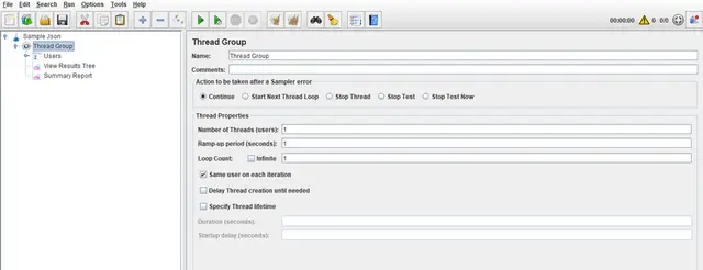 Converted JMX test plan loaded in Apache JMeter showing the Thread Group