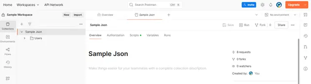 Postman Collections tab showing the Sample Json collection