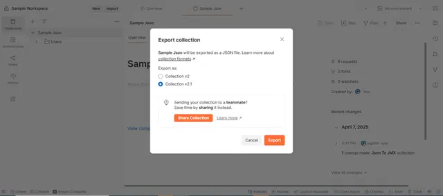 Postman Export collection dialog with Collection v2.1 selected