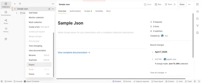 Postman collection three-dot menu with the Export option